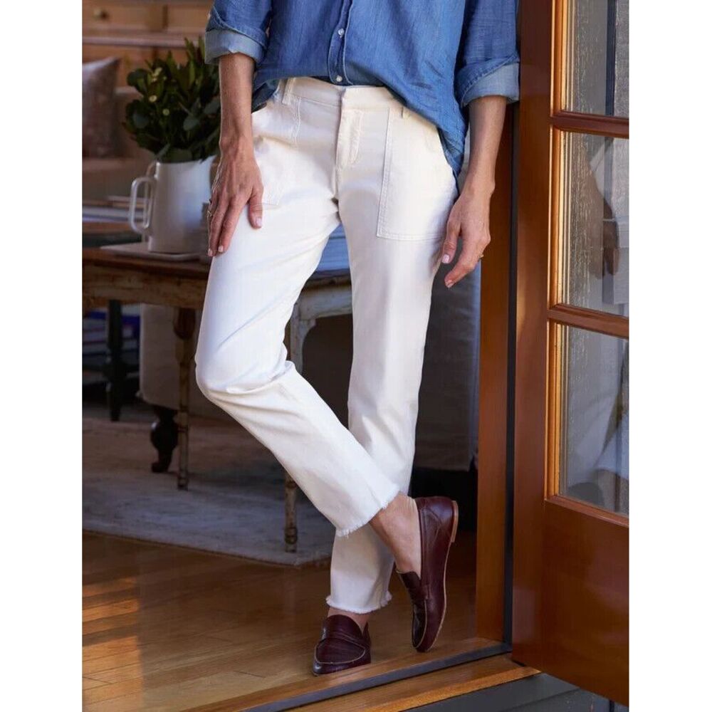 Frank & Eileen Blackrock Utility Pants Women 12 Chalk Italian Twill NWOT $298